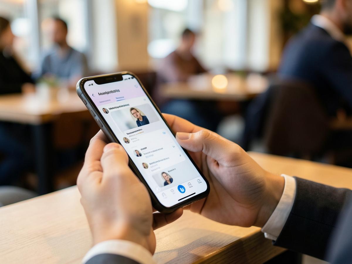 Lietotājs pārskata piedāvātās atbilstības iepazīšanās lietotnē telefonā